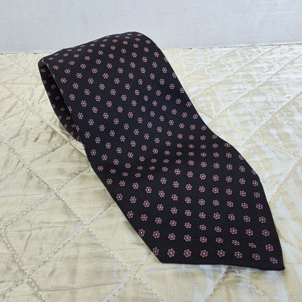Robert Talbott Redwood & Ross Pink Daisy On Black Silk Tie